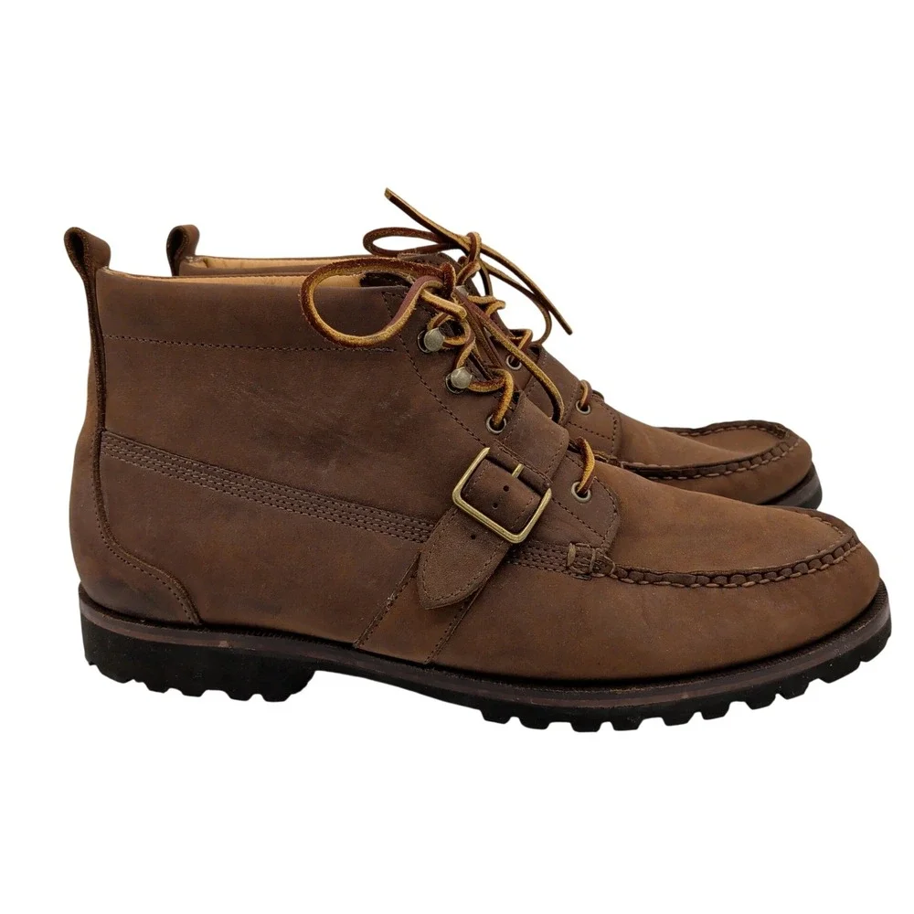 Ralph Lauren Mens Ranger Buckle Moc Toe Boots Brown Leather Vibram USA 13